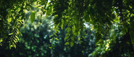 Lush tropical jungle filled with dense green vines and hanging lianas under sunlightの素材
