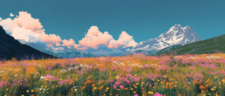Vibrant alpine meadow blooming with colorful wildflowers near scenic mountainsの素材