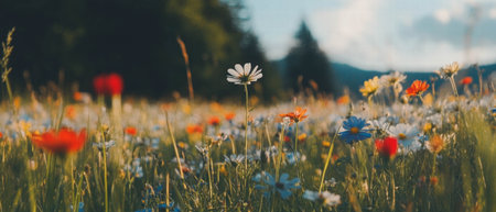 Colorful wildflowers blooming in a vibrant mountain meadow during sunny weatherの素材