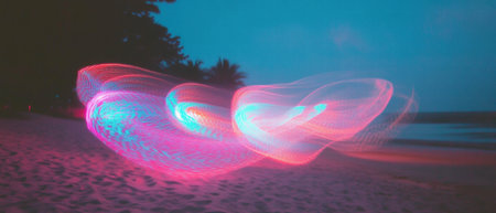 Colorful light painting creates abstract shapes along the beach under twilightの素材