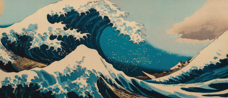 Iconic Japanese woodblock print featuring powerful waves and distant mountainsの素材