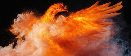Phoenix rising from flames against a dark background symbolizes rebirth and powerの素材