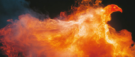 Phoenix rises in flames symbolizing rebirth against a black backgroundの素材