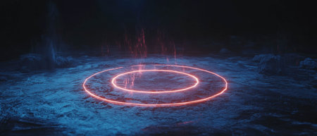Glowing magical circle surrounded by mystical energy emits a protective barrier in darknessの素材