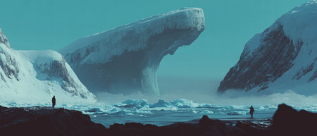 Icebergs drift silently in a vast and cold sea under a muted blue skyの素材