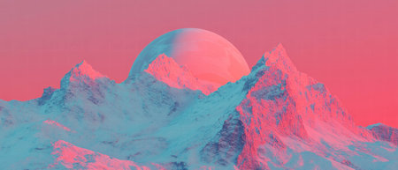 Stunning snow covered mountains illuminated by a vibrant pink and orange sunsetの素材