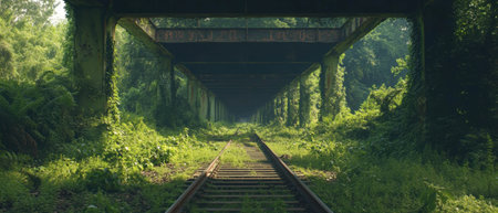 Overgrown railway bridge in a lush green landscape showcasing natures reclamationの素材