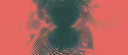 Circular sound wave patterns create a vivid abstract backdrop with central space for textの素材