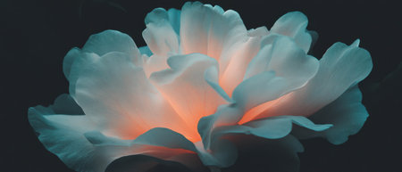 Abstract representation of floral design with petals and glowing center against black backgroundの素材