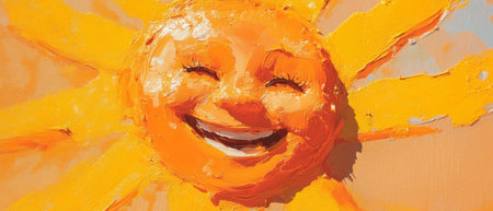Smiling sun with cheerful expression radiating yellow and orange raysの素材