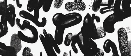 Maximalist black ink patterns on textured white background creating dynamic compositionsの素材