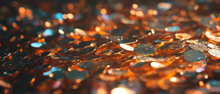 Shiny gold coins scattered with bright highlights reflecting in various texturesの素材