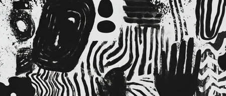 Black ink patterns create abstract textures on a white background for artistic expressionの素材