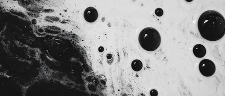 Black ink with salt creating unique textures on white paper under natural lightの素材