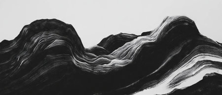 Black ink artwork depicting abstract mountainous textures on white paperの素材