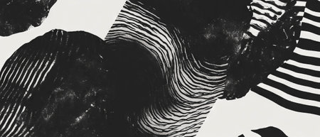 Monochromatic black ink patterns create dynamic textures against a brilliant white backgroundの素材