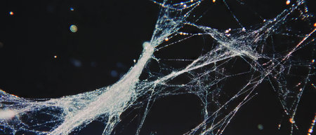 Delicate spiderweb texture showcasing intricate threads and sparkling sheenの素材