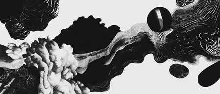 Organic black ink patterns create natural shapes on a smooth white backgroundの素材