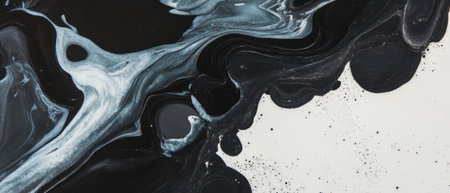 Black ink blooms on a white background creating unique textures and patterns in artistic flowの素材