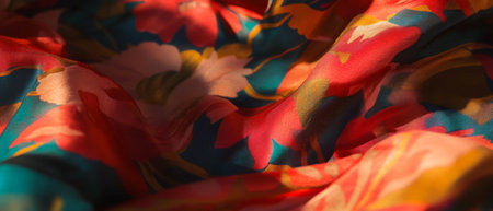 Vibrant printed silk with intricate patterns showcasing rich colors and texturesの素材