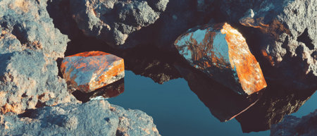 Exploring the intricate texture and metallic sheen of a meteorite on a rocky surfaceの素材