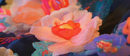 Discover the intricate beauty of colorful embroidered silk with raised designs and texturesの素材