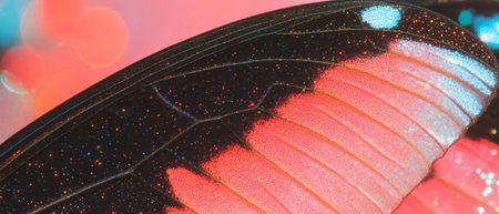 Vibrant butterfly wings showcasing intricate patterns and sparkling textures in bright colorsの素材