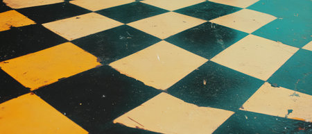 Vibrant checkerboard pattern showcasing alternating colors and sharp edges on a textured surfaceの素材