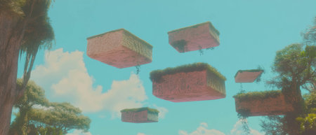 Exploring the surreal world of fragmented landscapes and floating islands in a dreamlike atmosphereの素材