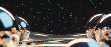 Futuristic abstract background with chrome spheres and shimmering particlesの素材