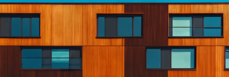 Wooden building facade featuring diverse textures and architectural features in bright sunlightの素材