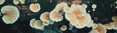 Vivid display of fungi and moss on a fallen log with halftone texture under natural lightの素材