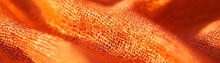 Macro texture of coarse canvas showcasing a vibrant orange hue and intricate weaving styleの素材