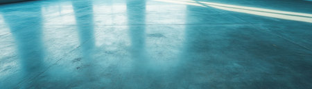 Industrial cement floor with smooth surface and visible wear under bright natural lightの素材