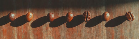 Coffee beans lined up on wooden surface creating an inviting natural displayの素材
