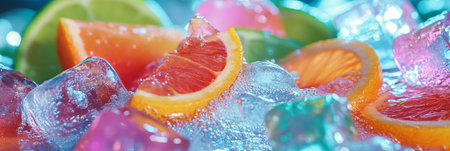 Colorful cocktail with fruit slices and ice cubes against a bright backgroundの素材
