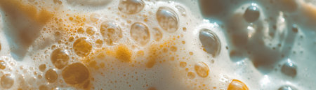 Close-up of creamy coffee foam with bubbles against a bright background for bannerの素材
