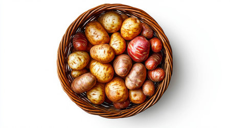 Rustic wicker basket filled with fresh potatoes for farmhouse decor and kitchen inspirationの素材