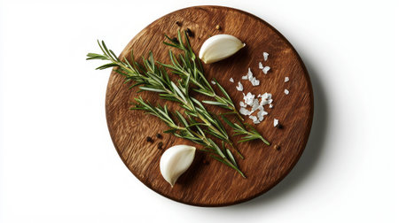 Rustic round wooden cutting board with garlic rosemary and salt for culinary designの素材