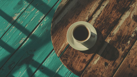 Rustic wooden coffee table with cup in vintage setting for cozy home decorの素材