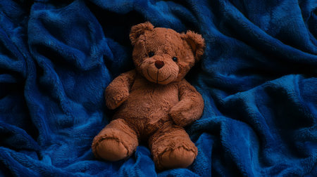 Realistic plush teddy bear on soft blue blanket for nursery decor and childhood memoriesの素材