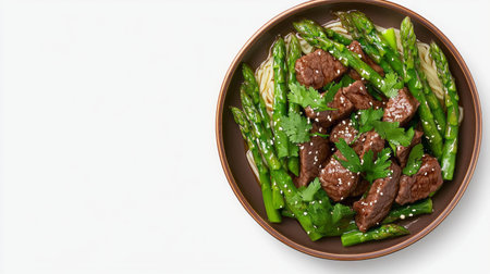 Delicious asparagus and beef stir fry with fresh herbs for gourmet diningの素材