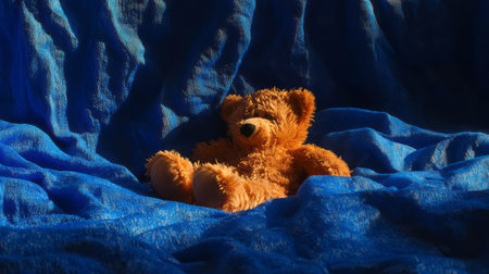 Cozy plush teddy bear nestled in blue fabric for comfort and warmthの素材