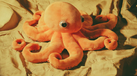 Realistic plush octopus toy with suction cups on fabric background for childrens decorの素材