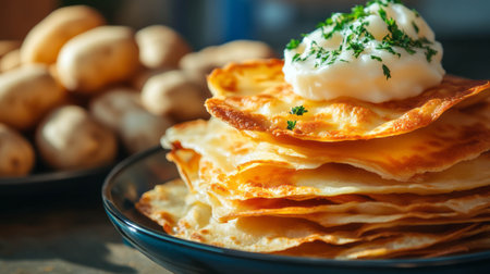 Delightful vareniki with sour cream and fresh potatoes on a bright background for culinary inspirationの素材
