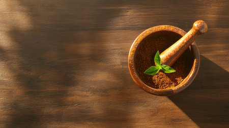 Culinary artistry with ceramic mortar and pestle on wooden table in sunlightの素材