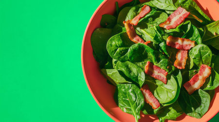 Fresh spinach salad with crispy bacon on vibrant background for culinary inspirationの素材