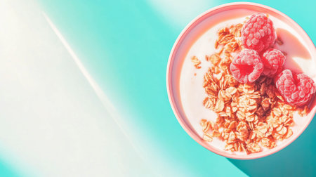Delicious yogurt and granola with fresh raspberries on a vibrant backgroundの素材