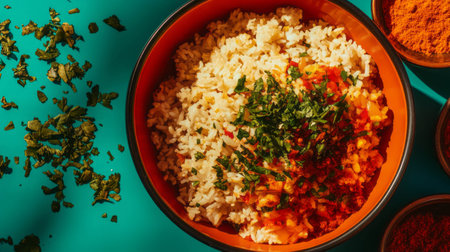 Plov with vibrant herbs and spices on bright background for culinary designの素材