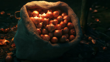 Sack of shallots top view for culinary and kitchen themesの素材